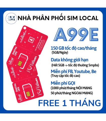 Sim 4G Local A99E 5gb tốc độ cao/ngày. Miễn phí phút gọi