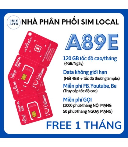 Sim 4G Local A89E 4gb tốc độ cao/ngày. Miễn phí phút gọi
