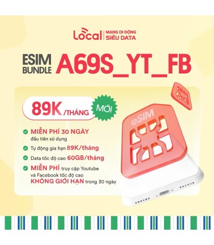 ESIM Local A69S.YT.FB - 2GB/Ngày - Miễn Phí Youtube và Facebook