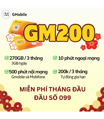 Sim 4G Gmobile GM200 - 3GB/Ngày - Sóng Mobi - Xài 3 tháng