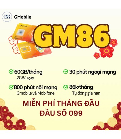 Sim 4G Gmobile GM86 - 2GB/Ngày - Sóng Mobi  