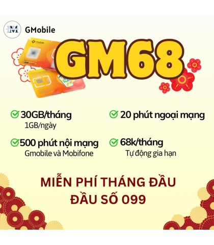 Sim 4G Gmobile GM68 - 1GB/Ngày - Sóng Mobi 