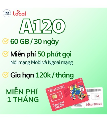 Sim Local Mobi A120 - 4GB/Ngày tốc độ cao - Miễn phí 1 tháng 